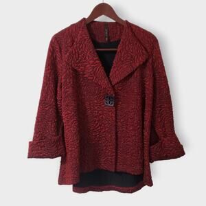 IC Connie K Textured Red Rose Floral Button Jacket Sz Med Romantic Artsy Lagen